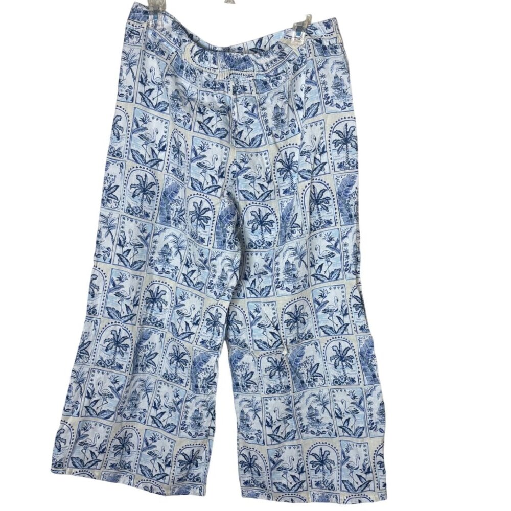 C&C California Linen Wide Leg Crop Pants Blue White Tropical Resortwear M